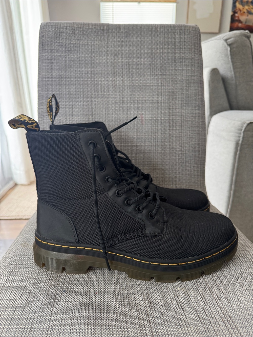 Dr. Martens Black Canvas Combat Boots with Yellow Stitching